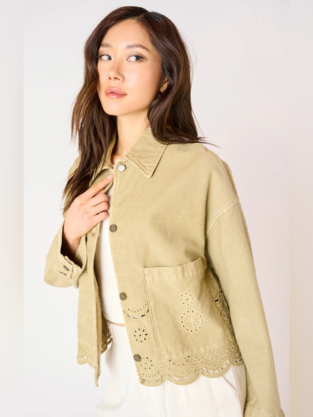 NWT Zara Olive Tan Eyelet-Trim Jean Jacket - Women M L